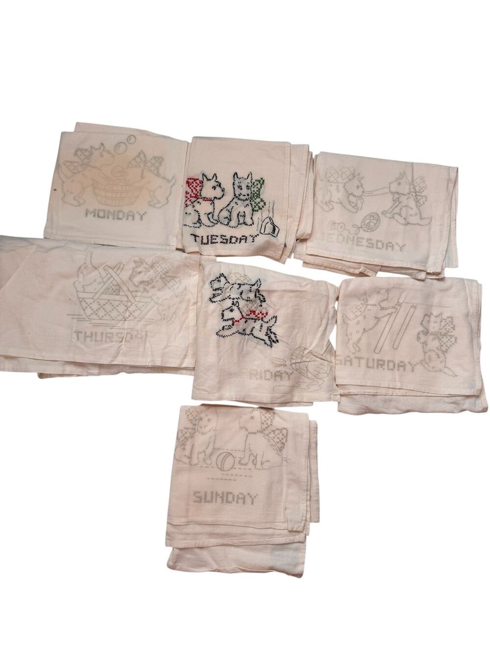 Vintage Scottie Dog Tea Towels Days of the Week Embroidery Project Crafting